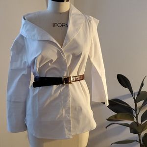White Stiff off the shoulder button up top